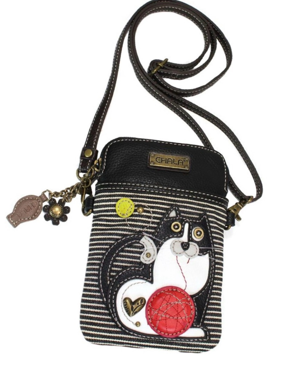 Chala Black Striped Crossbody with Cat Appliqué and Red Ball NWT